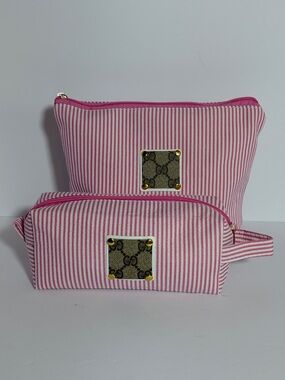 Pink & White Striped seersucker Makeup Pouch Duo w/ upcycled Gucci Patch